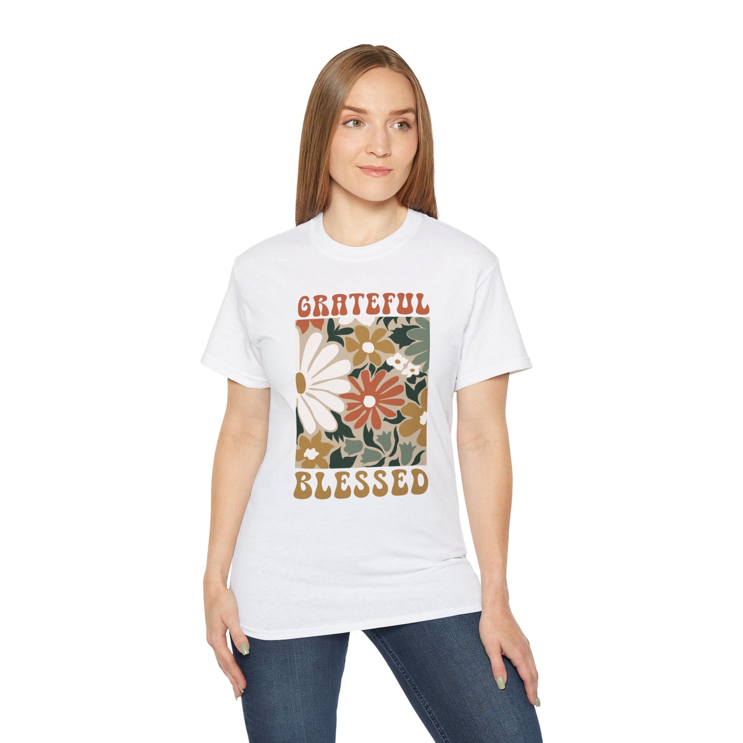 GRATEFUL BLESSED Floral Gratitude Tee, Inspirational Cotton Shirt for Everyday Wear, Grateful, Blessed, Gift Idea for Friends, Spring Fashion