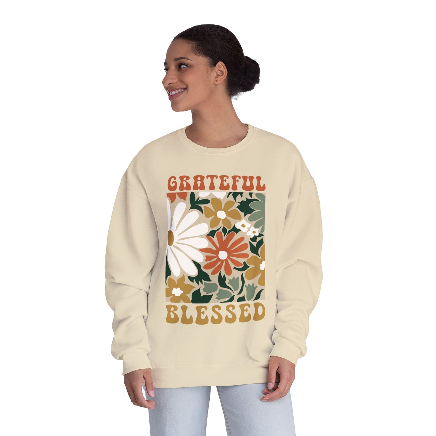 test 4 Grateful & Blessed Floral Crewneck Sweatshirt | Cozy Gift for Friends, Family, Holidays, Casual Wear, Inspirational Sweatshirt