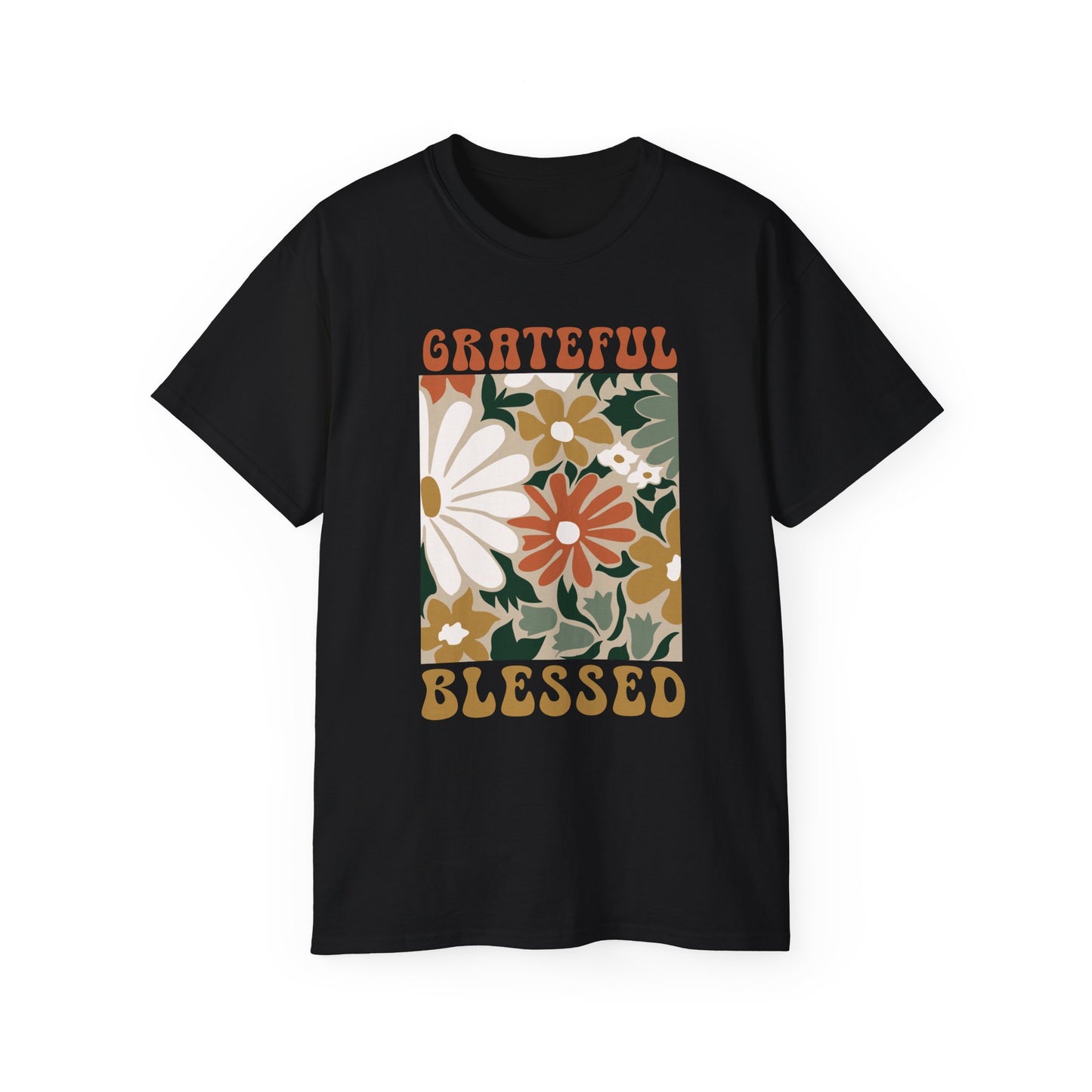 GRATEFUL BLESSED Floral Gratitude Tee, Inspirational Cotton Shirt for Everyday Wear, Grateful, Blessed, Gift Idea for Friends, Spring Fashion