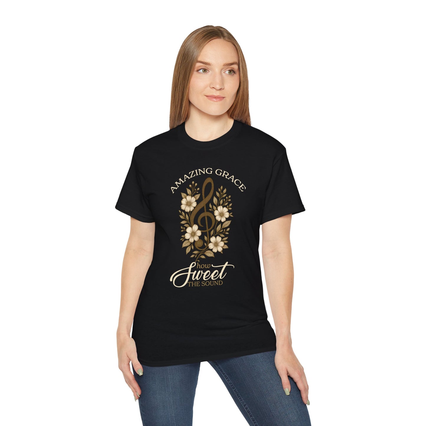 AMAZING GRACE HOW SWEET THE SOUND Floral Gratitude Tee, Inspirational Cotton Shirt for Everyday Wear, Grateful, Blessed, Gift Idea for Friends, Spring Fashion