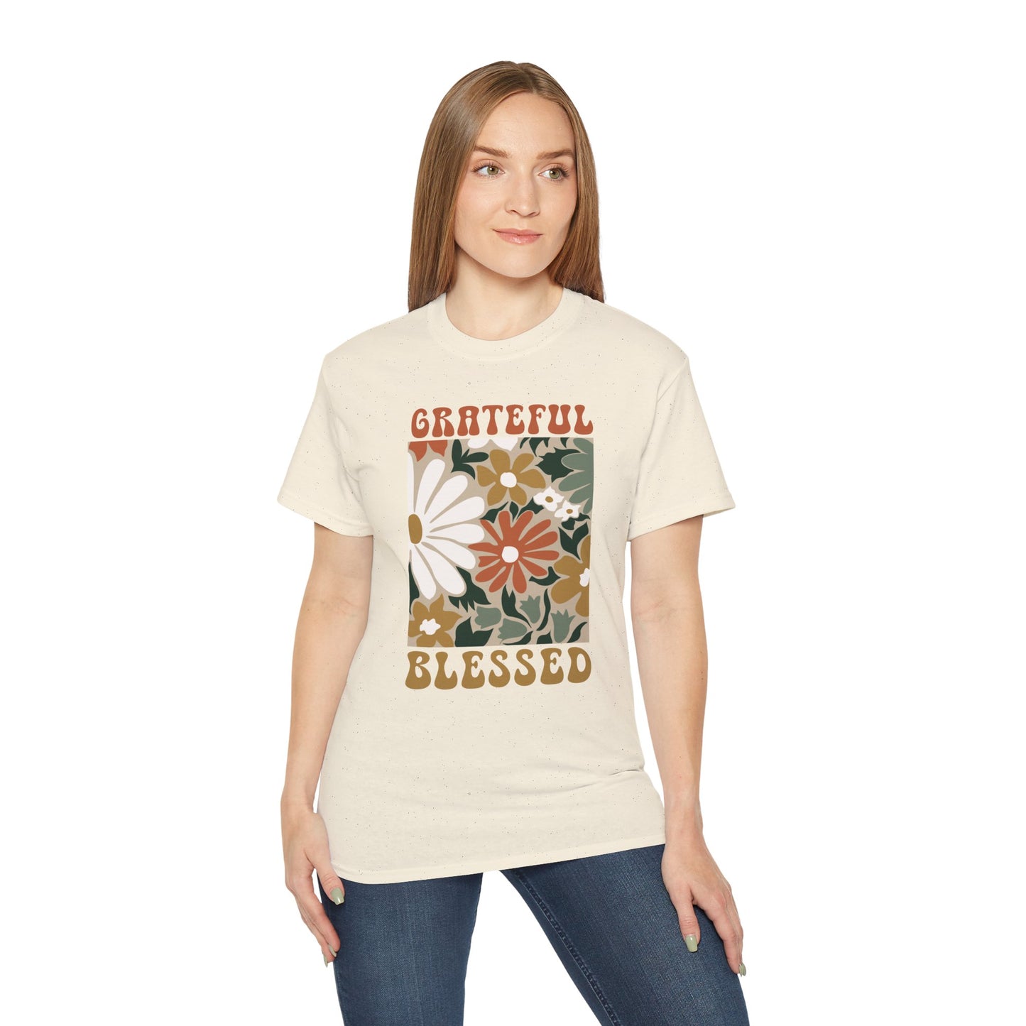 GRATEFUL BLESSED Floral Gratitude Tee, Inspirational Cotton Shirt for Everyday Wear, Grateful, Blessed, Gift Idea for Friends, Spring Fashion