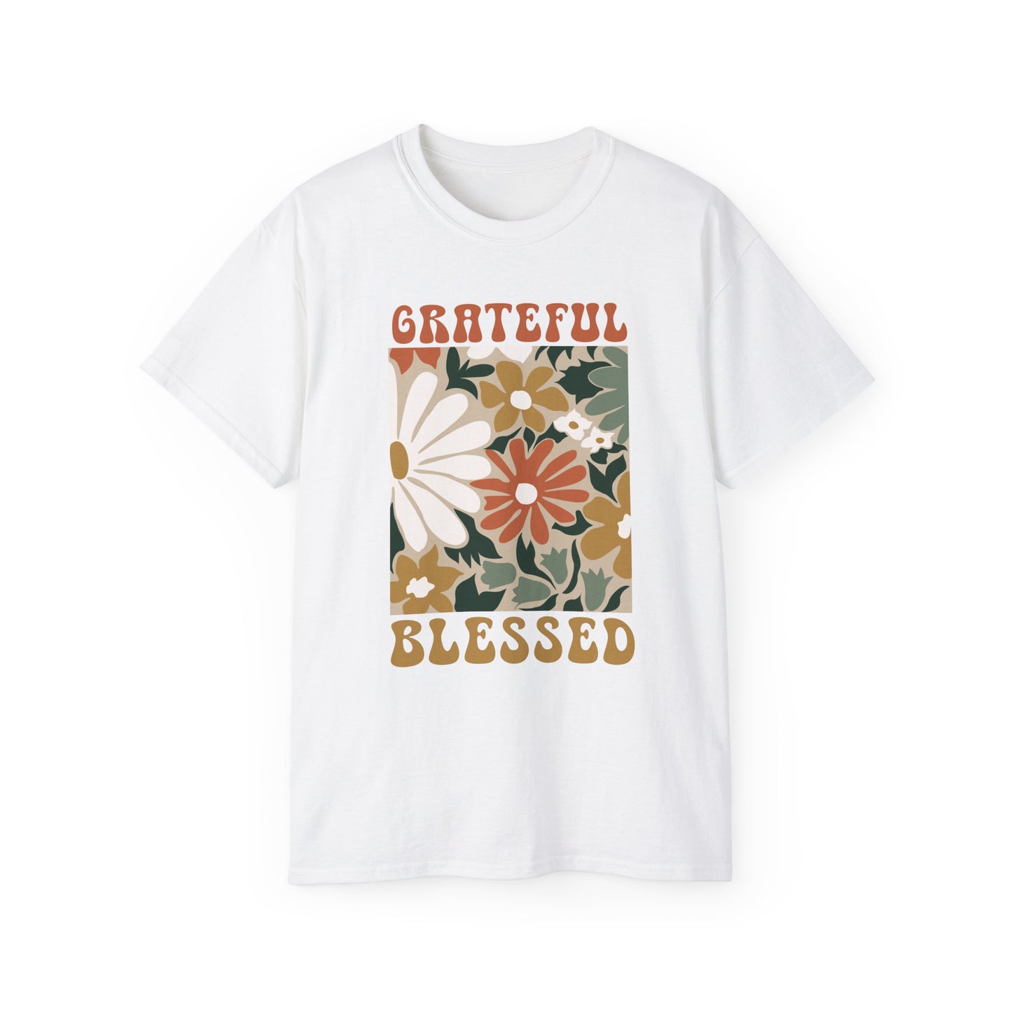 GRATEFUL BLESSED Floral Gratitude Tee, Inspirational Cotton Shirt for Everyday Wear, Grateful, Blessed, Gift Idea for Friends, Spring Fashion