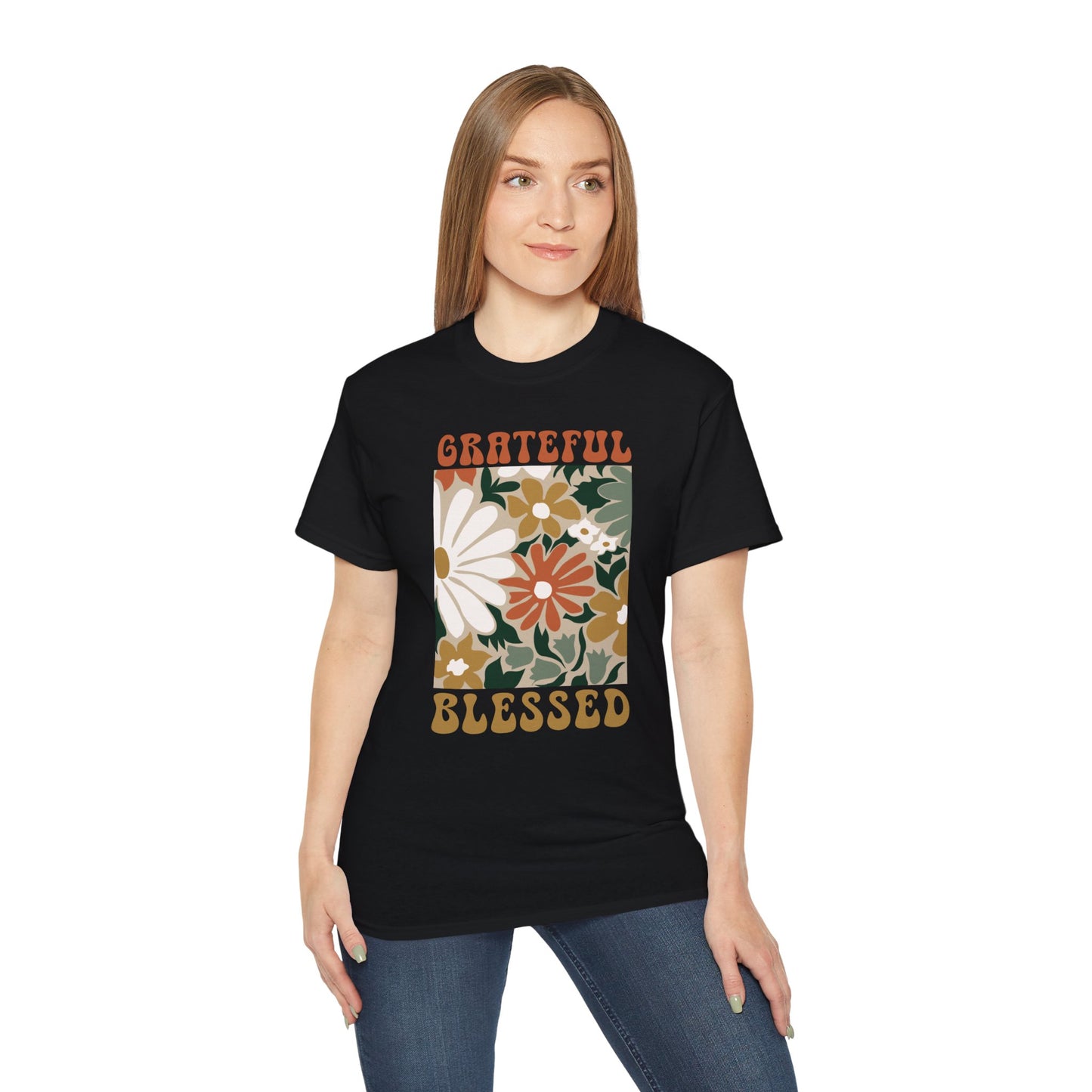 GRATEFUL BLESSED Floral Gratitude Tee, Inspirational Cotton Shirt for Everyday Wear, Grateful, Blessed, Gift Idea for Friends, Spring Fashion