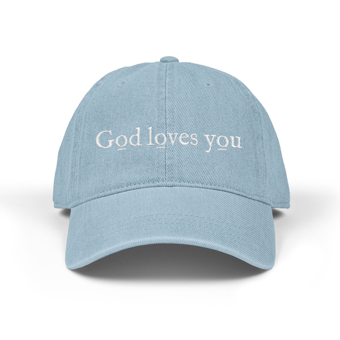 Denim Hat — Embroidered "God loves you" & "go forth" Denim Hat — Embroidered