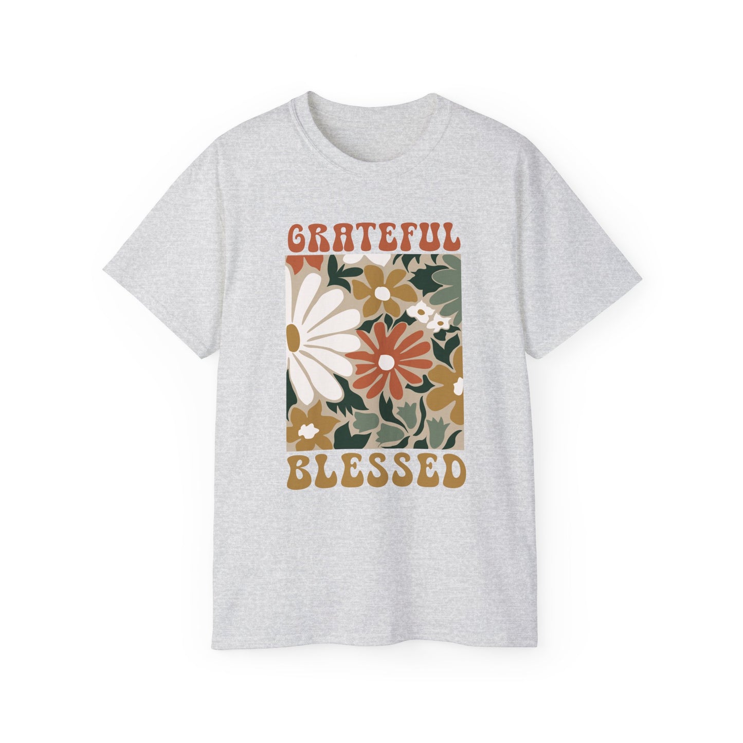 GRATEFUL BLESSED Floral Gratitude Tee, Inspirational Cotton Shirt for Everyday Wear, Grateful, Blessed, Gift Idea for Friends, Spring Fashion
