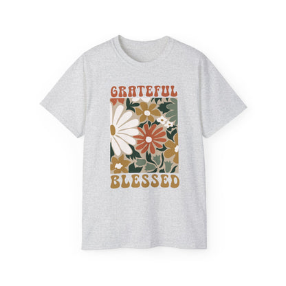 GRATEFUL BLESSED Floral Gratitude Tee, Inspirational Cotton Shirt for Everyday Wear, Grateful, Blessed, Gift Idea for Friends, Spring Fashion
