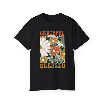 GRATEFUL BLESSED Floral Gratitude Tee, Inspirational Cotton Shirt for Everyday Wear, Grateful, Blessed, Gift Idea for Friends, Spring Fashion