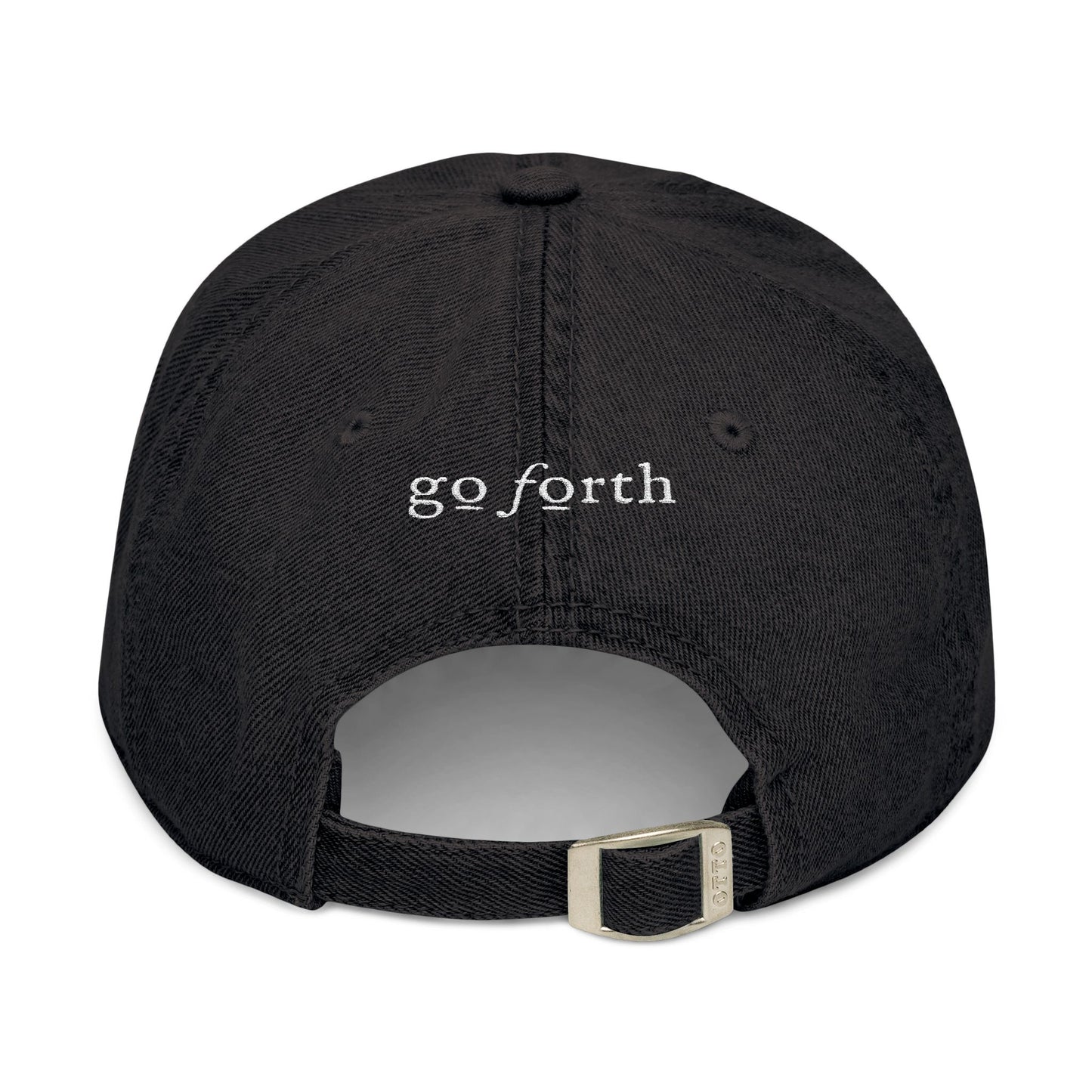Denim Hat — Embroidered "God loves you" & "go forth" Denim Hat — Embroidered