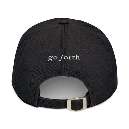 Denim Hat — Embroidered "God loves you" & "go forth" Denim Hat — Embroidered