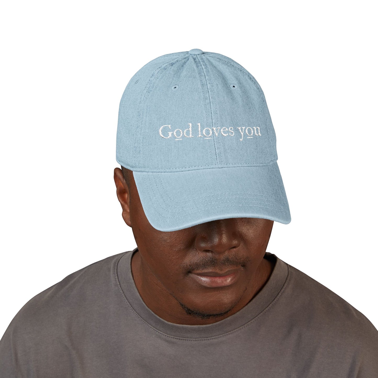 Denim Hat — Embroidered "God loves you" & "go forth" Denim Hat — Embroidered