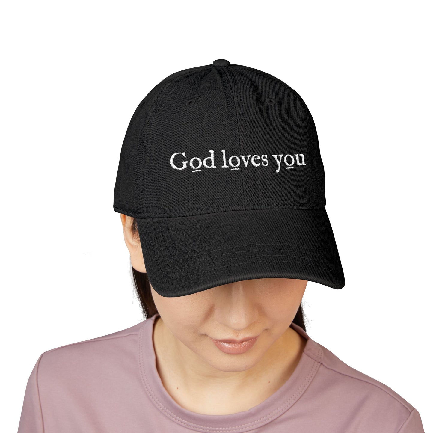 Denim Hat — Embroidered "God loves you" & "go forth" Denim Hat — Embroidered