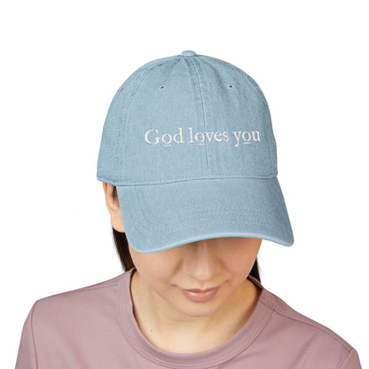 Denim Hat — Embroidered "God loves you" & "go forth" Denim Hat — Embroidered