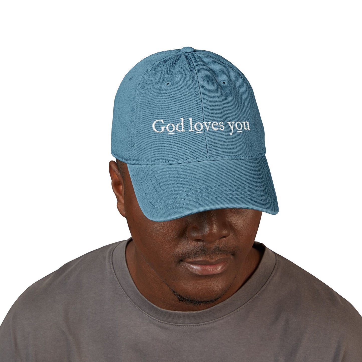 Denim Hat — Embroidered "God loves you" & "go forth" Denim Hat — Embroidered