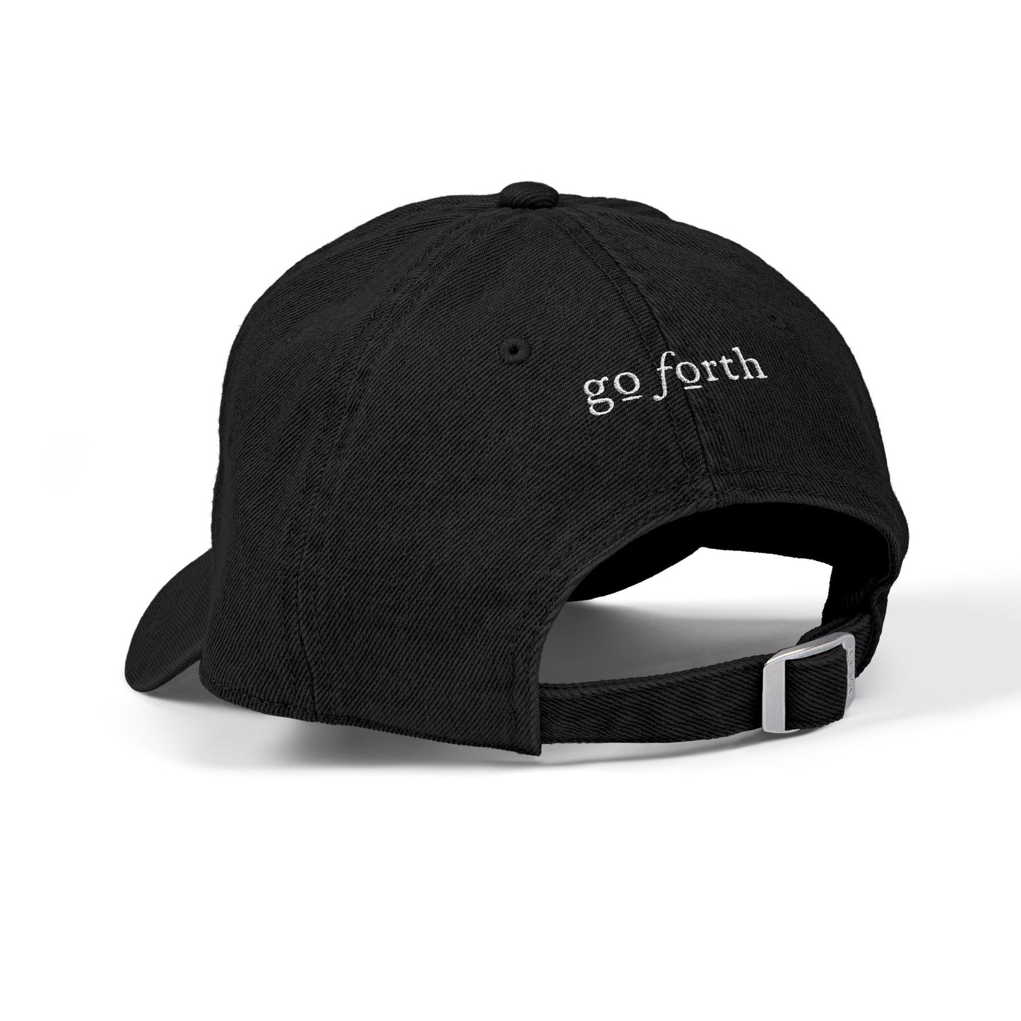 Denim Hat — Embroidered "God loves you" & "go forth" Denim Hat — Embroidered