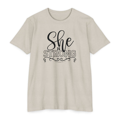 SHE IS STRONG Unisex CVC Jersey T-shirt