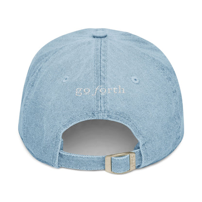 Denim Hat — Embroidered "God loves you" & "go forth" Denim Hat — Embroidered