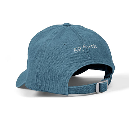 Denim Hat — Embroidered "God loves you" & "go forth" Denim Hat — Embroidered