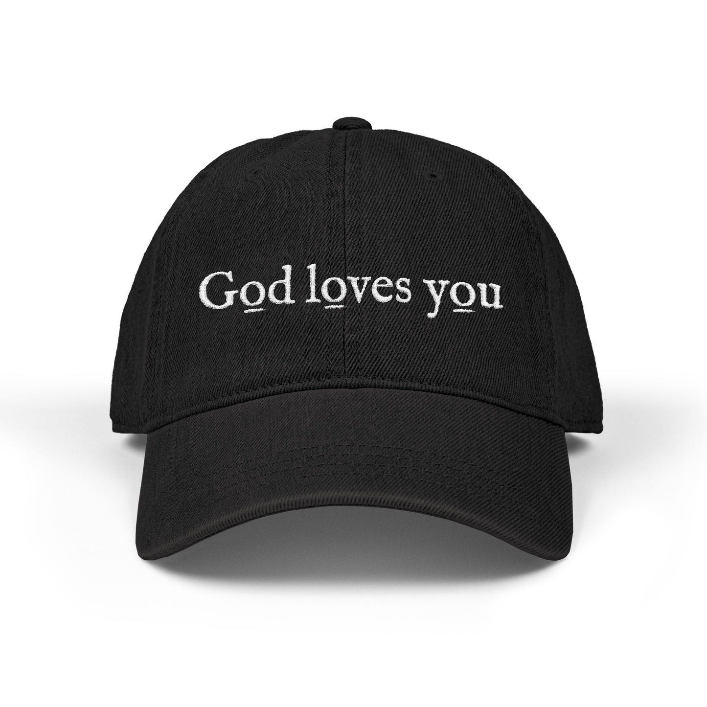 Denim Hat — Embroidered "God loves you" & "go forth" Denim Hat — Embroidered