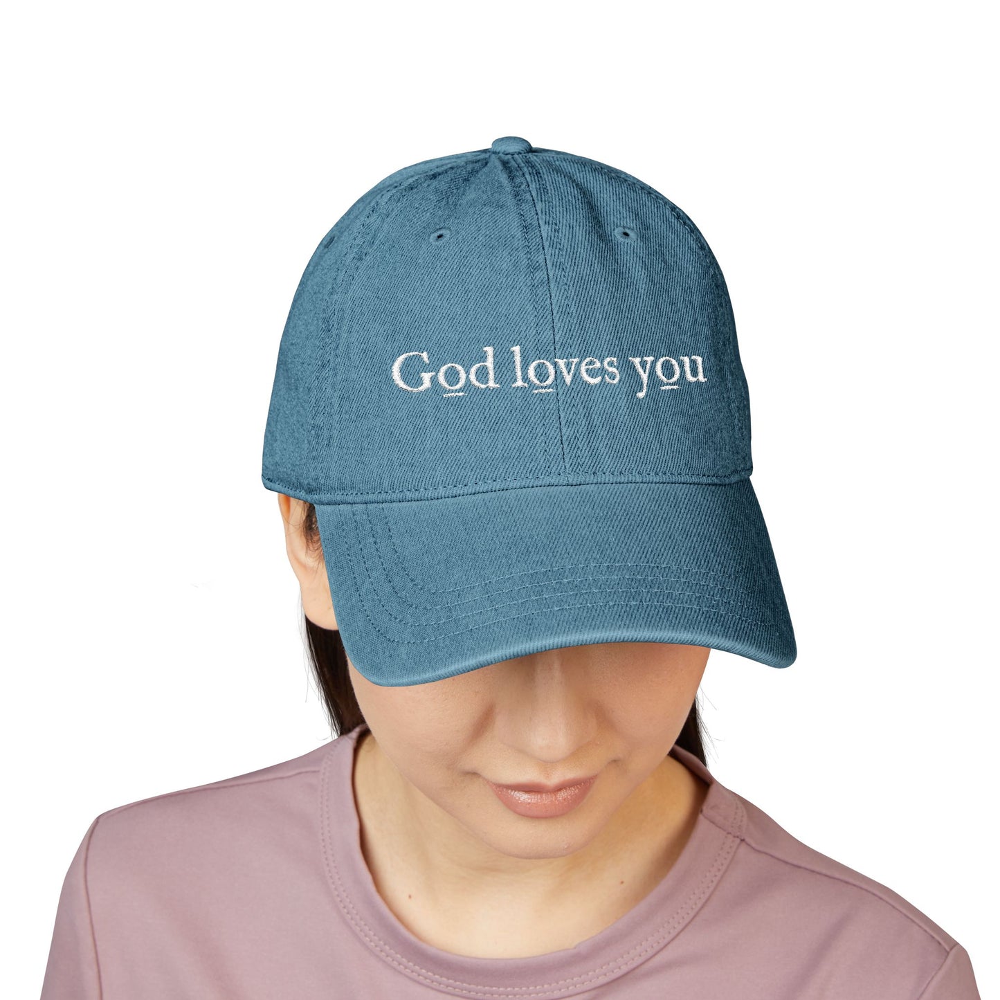 Denim Hat — Embroidered "God loves you" & "go forth" Denim Hat — Embroidered
