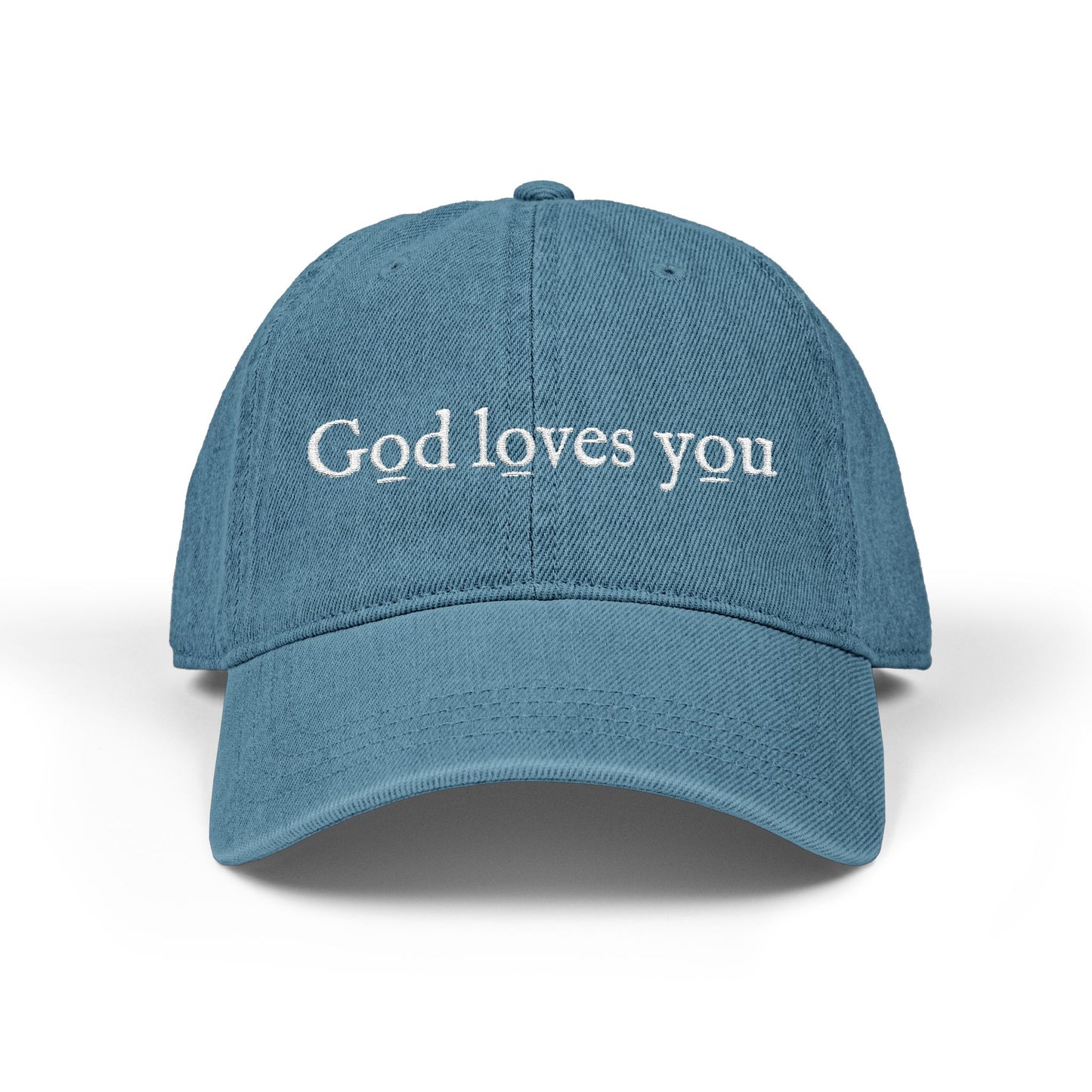 Denim Hat — Embroidered "God loves you" & "go forth" Denim Hat — Embroidered