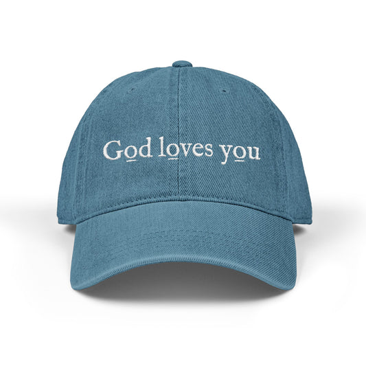 Denim Hat — Embroidered "God loves you" & "go forth" Denim Hat — Embroidered
