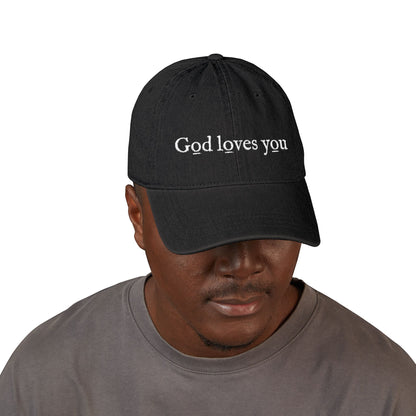 Denim Hat — Embroidered "God loves you" & "go forth" Denim Hat — Embroidered