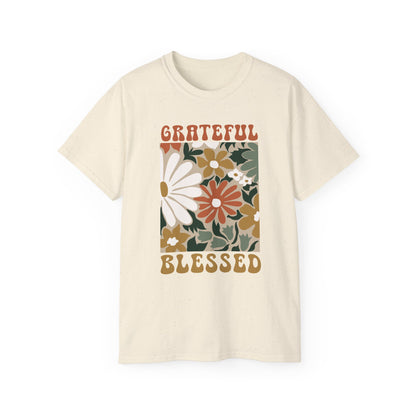 GRATEFUL BLESSED Floral Gratitude Tee, Inspirational Cotton Shirt for Everyday Wear, Grateful, Blessed, Gift Idea for Friends, Spring Fashion