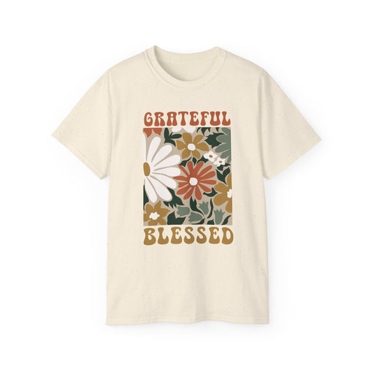 GRATEFUL BLESSED Floral Gratitude Tee, Inspirational Cotton Shirt for Everyday Wear, Grateful, Blessed, Gift Idea for Friends, Spring Fashion