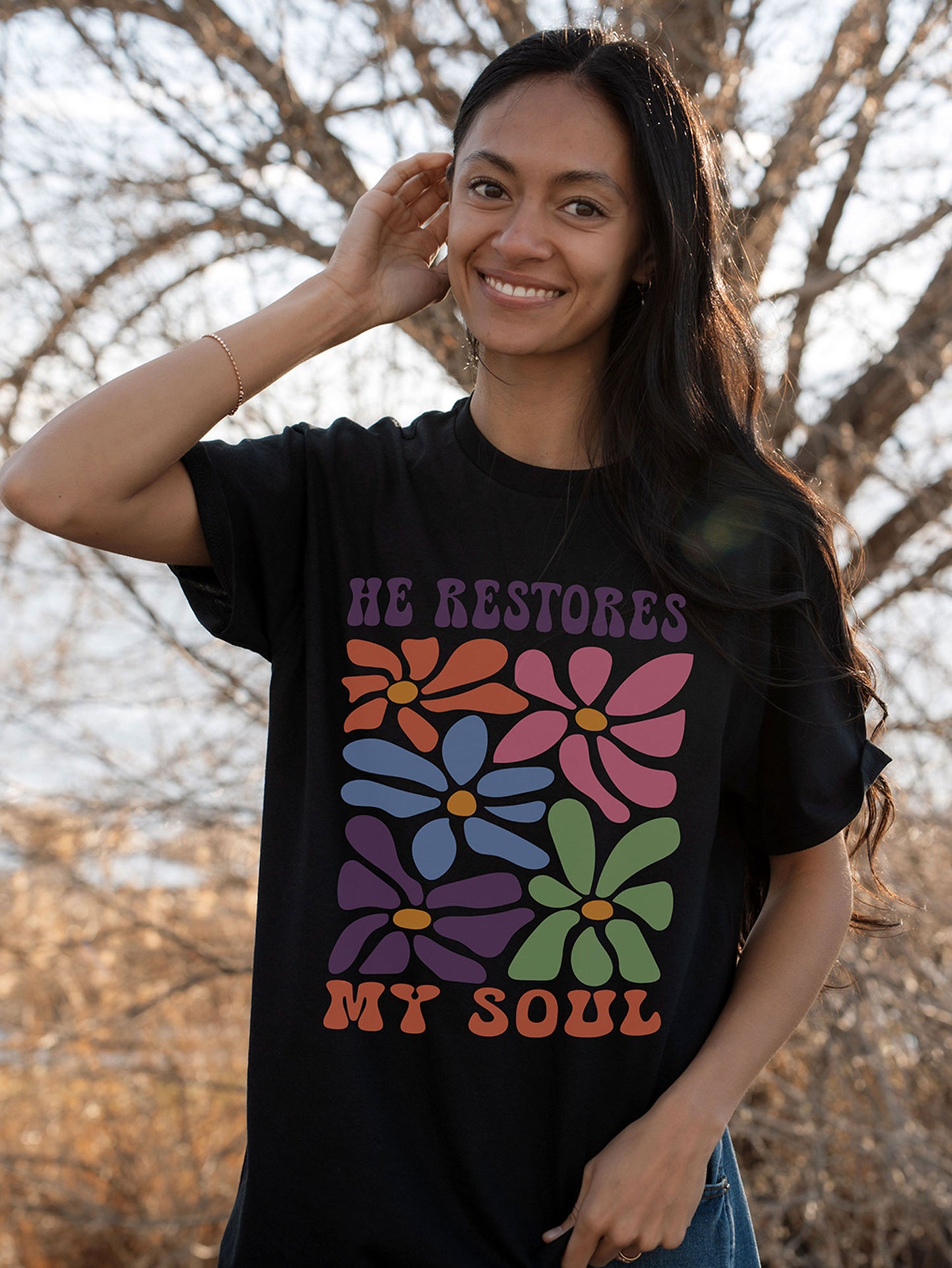 HE RESTORES MY SOUL FLORAL - T SHIRT