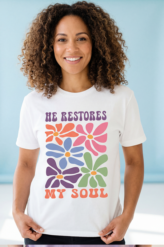 HE RESTORES MY SOUL FLORAL - T SHIRT