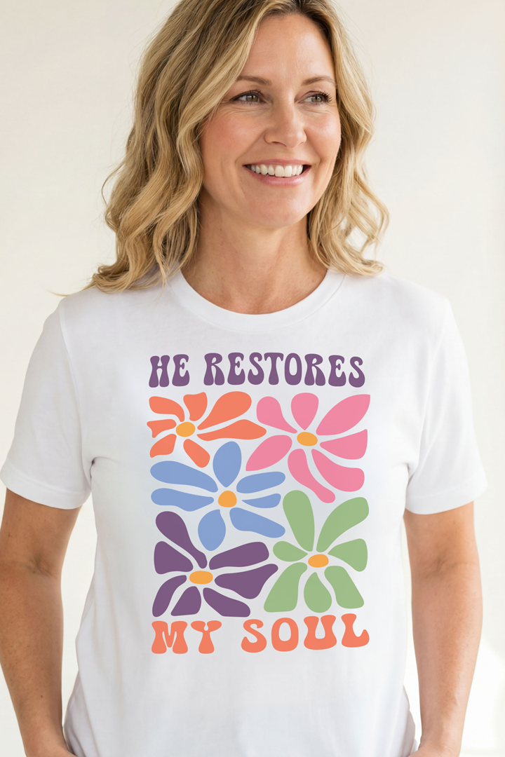 HE RESTORES MY SOUL FLORAL - T SHIRT