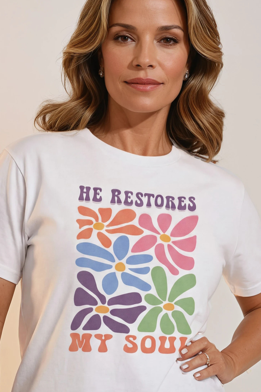 HE RESTORES MY SOUL FLORAL - T SHIRT