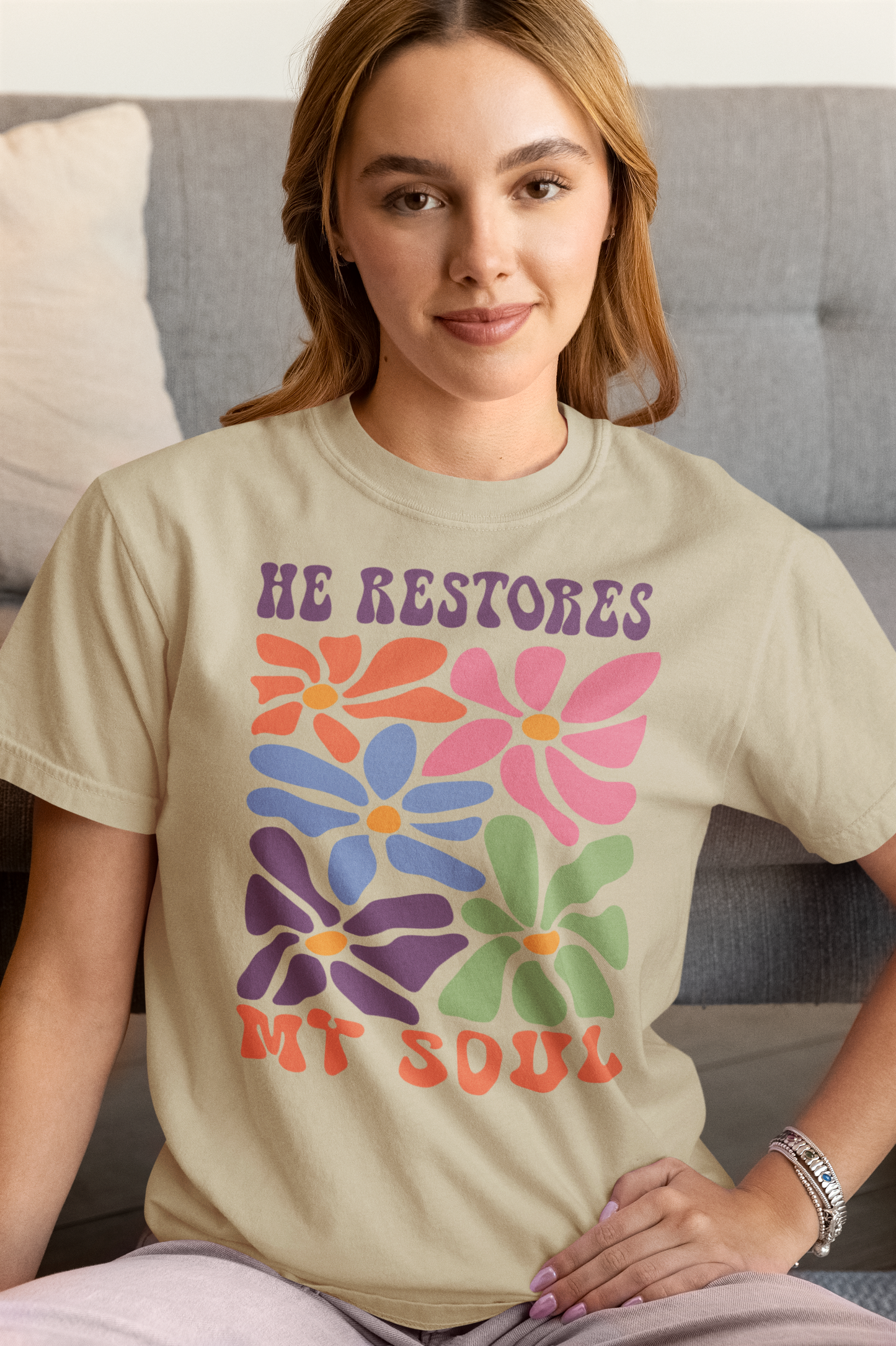 HE RESTORES MY SOUL FLORAL - T SHIRT