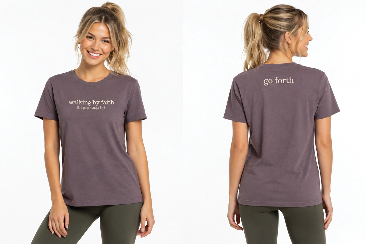 WALKING BY FAITH (tripping constantly) T-SHIRT