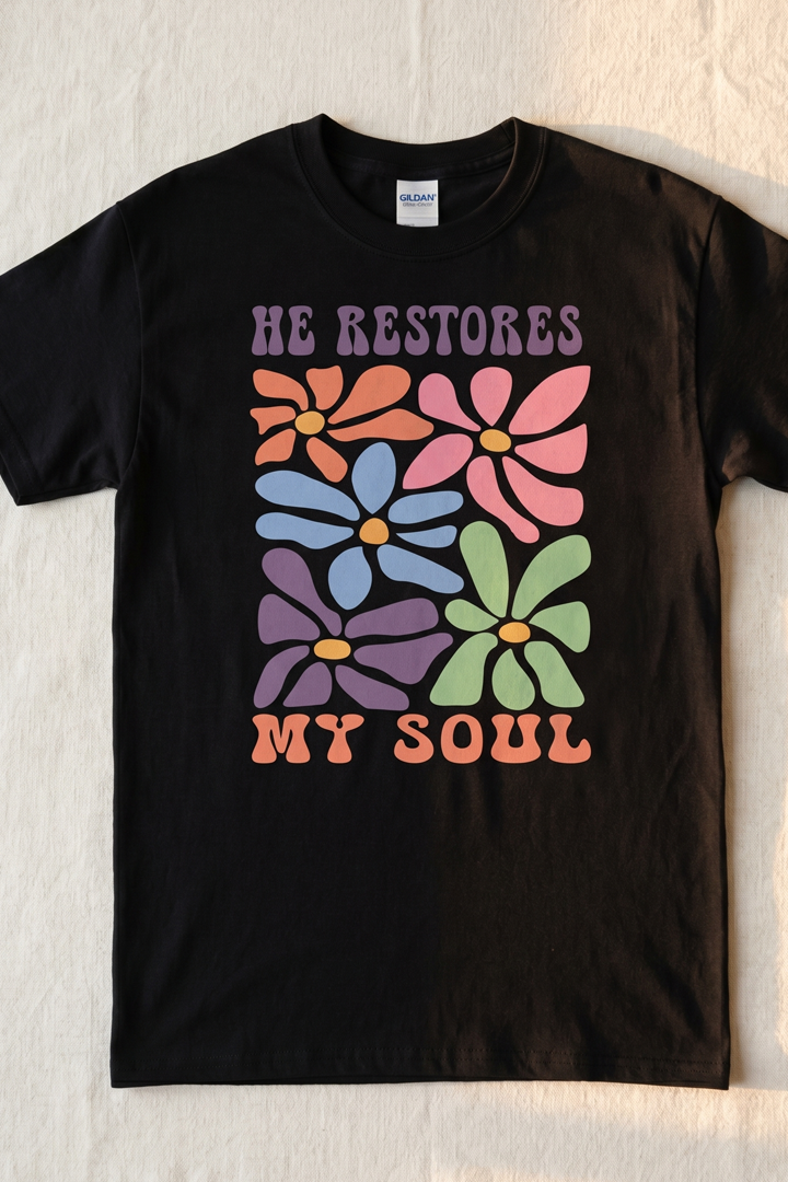 HE RESTORES MY SOUL FLORAL - T SHIRT