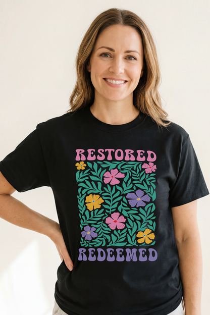 RESTORED REDEEMED FLORAL - T SHIRT