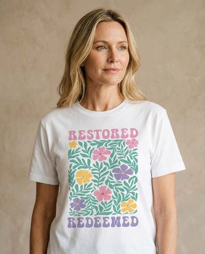 RESTORED REDEEMED FLORAL - T SHIRT